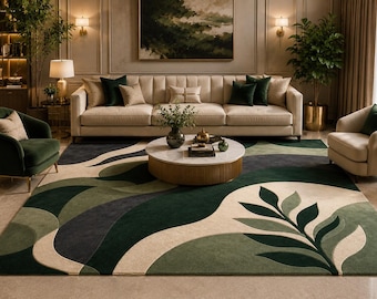 Hand Tufted Nature Inspired Area Rug, Botanical Living Room Rug, Green Cream Abstract Floor Carpet...