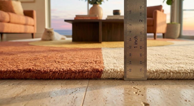 May include: A textured area rug featuring large colour-blocked sections in rust orange, cream, and yellow. A metal ruler is positioned vertically against the edge of the rug, showing a pile height of approximately 1.3 centimetres from the floor surface.