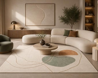 Modern Hand Tufted Wool Rug, Abstract Organic Design Area Rug, Cream Beige Green Terracotta Rug, Contemporary Home Decor Carpet