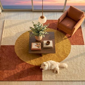 May include: A square area rug featuring a large central yellow circle over a quadrant pattern of cream and terracotta blocks. A dark wood square coffee table sits in the centre holding a potted plant and books, with a fluffy white cat lying nearby.