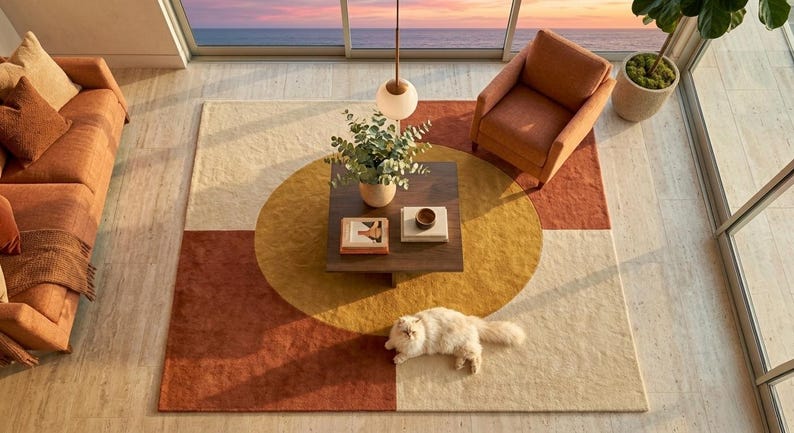 May include: A square area rug featuring a large central yellow circle over a quadrant pattern of cream and terracotta blocks. A dark wood square coffee table sits in the centre holding a potted plant and books, with a fluffy white cat lying nearby.