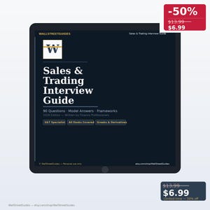 Peut inclure: Un guide d'entretien Sales & Trading numérique par WallStreetGuides. La couverture bleu foncé présente le texte Sales & Trading Interview Guide, 90 Questions, Model Answers, Frameworks, 2026 Edition, S&T Specialist, All Desks Covered et Greeks & Derivatives.