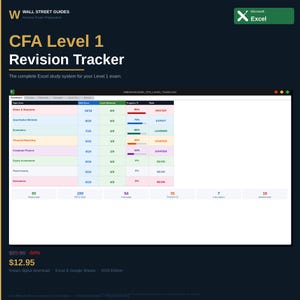 Peut inclure: Un outil de suivi de révision CFA Niveau 1 sous forme de feuille de calcul Microsoft Excel. L'interface présente un tableau de bord avec les sujets, les scores Q&A, les cartes maîtrisées, les pourcentages de progression et les niveaux de classement.