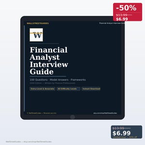 Puede incluir: Una tableta digital que muestra la Financial Analyst Interview Guide edición 2026, con 100 preguntas, respuestas modelo y marcos. La interfaz oscura incluye etiquetas de texto para niveles de entrada, asociado y todos los niveles.
