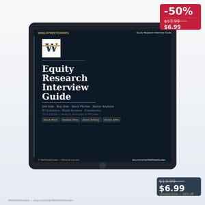 Peut inclure: Un guide numérique d'entretien de recherche en actions affiché sur un écran de tablette. La couverture bleu foncé présente le texte WallStreetGuides, Equity Research Interview Guide, 97 Questions, Model Answers, Frameworks et 2026 Edition.