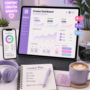 Könnte beinhalten: Ein Tablet mit einem Creator-Dashboard für Engagement-Analysen, ein Smartphone mit Beitragsleistung, ein Spiralnotizbuch mit einer Inhaltsplan-Checkliste, ein violetter Stift, violette Kopfhörer und eine violette Tasse mit Latte Art.
