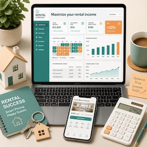 May include: A laptop displaying a rental income dashboard with charts and data, a smartphone showing a property listing, a calculator, a notebook labeled Rental Success, a house-shaped keychain, and a small wooden house model on a desk.
