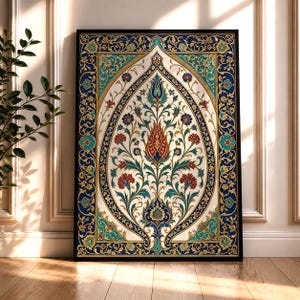 Ottoman Floral Wall Art, Turkish Iznik Tile Print, Islamic Botanical Decor, Persian Ornament Poster, Vintage Blue Gold Artwork
