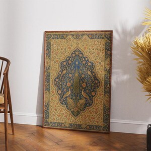 May include: A rectangular wall art print featuring a detailed Persian-style rug pattern with a central blue medallion, intricate floral motifs, and four bird figures. The design is framed in a thin dark wood border with a beige and blue color palette.