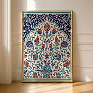 May include: A rectangular wall art print in a gold frame featuring a symmetrical floral pattern with red, blue, and teal tulips and leaves on a cream background, enclosed within a decorative arch design with a deep blue border.