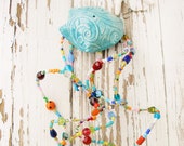 Jellyfish mobile wind chime handmade windchime ceramic teal blue