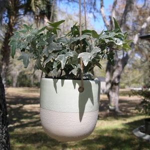 May include: A hanging ceramic planter with a two-tone design, light green on top and a textured off-white on the bottom, holds a vibrant green and white plant. The planter is suspended by natural twine, with a wooden bead detail. The background shows a sunny outdoor scene.