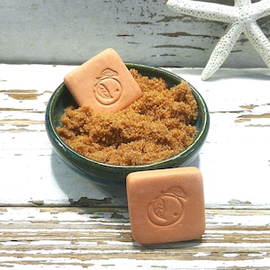 May include: A dark green ceramic bowl filled with brown granulated sugar, accompanied by two square, peach-colored clay discs embossed with a fruit design, and a white starfish positioned in the upper right corner of the frame.