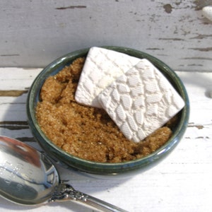 May include: A small, round, teal-rimmed bowl filled with brown granules and two white, square, textured objects. A silver spoon with ornate detailing rests beside the bowl. The background is a distressed white surface.