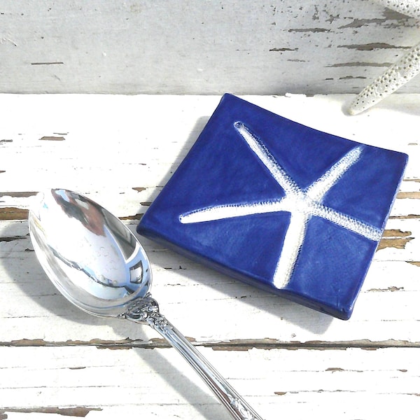Starfish spoonrest, blue ring dish, handmade pottery gift