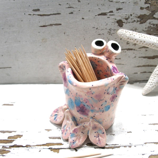 Toothpick holder pink frog Q tip pot handmade clay pottery gift