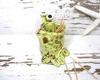 Toothpick holder small funny green frog vase ready to ship