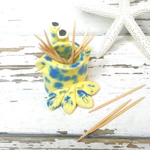 Yellow and blue frog toothpick holder handmade pottery