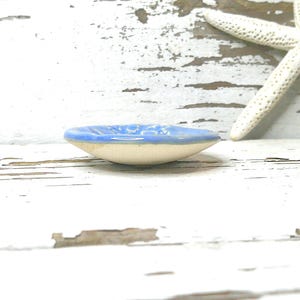 Peut inclure: Un petit plat en c&eacute;ramique avec un bord bleu clair et une base cr&egrave;me. Le plat ovale repose sur une surface en bois blanc vieilli. Une &eacute;toile de mer blanche est en arri&egrave;re-plan.