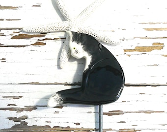 Plante chat, décoration de jardin artisanale, chat noir et blanc