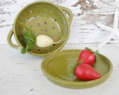 Olive green colander berry bowl ceramic kitchen strainer handmade