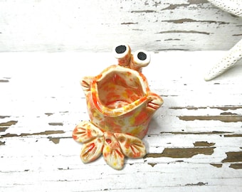 Silly frog toothpick holder orange toad handmade pottery