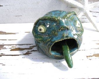 Alien monster head bowl kitchen tools salt cellar funny clay face handmade pottery