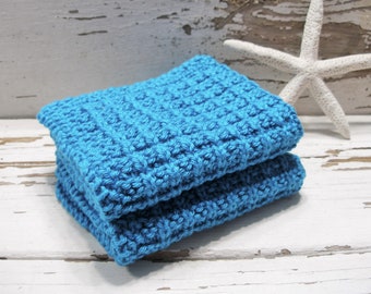Cotton handmade knitted wash cloths turquoise blue