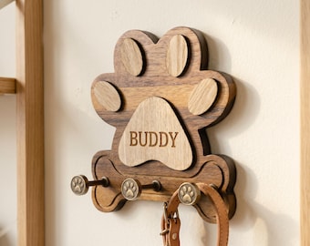 Custom Dog Leash Holder, Personalized Paw Hook for Wall, Wooden Pet Leash Hanger, Dog Name Hook Rack, Pet Collar Organizer