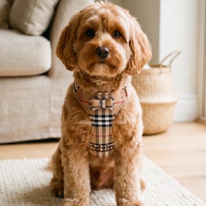 以下が含まれることがあります： ベージュ、黒、赤のチェック柄の犬用ハーネスを着用したゴールデンブラウンの犬。ハーネスの胸の中央には小さなリボンが付いており、布製パネルの下端近くにはMiloという名前が暗い文字でプリントされています。