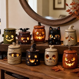 Może przedstawiać: Kolekcja dziewięciu małych ceramicznych słoików z pokrywkami o tematyce Halloween, każdy z unikalnym wzorem postaci, w tym zielony potwór, nietoperz, dynie, czarny kot, duch, mumia, kapelusz czarownicy i czaszka, wszystkie podświetlone od wewnątrz.