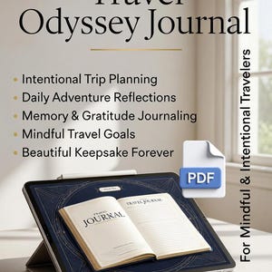 Könnte beinhalten: Ein digitales Travel Odyssey Journal auf einem Tablet-Bildschirm mit einer Liste von Vorteilen: Intentional Trip Planning, Daily Adventure Reflections, Memory & Gratitude Journaling, Mindful Travel Goals und Beautiful Keepsake Forever.