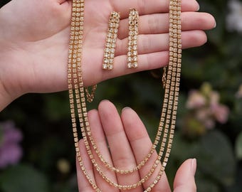 Bridal Rhinestone Jewelry Set, Sparkly Layered Necklace and Earrings, Gold Silver Wedding Jewelry, Elegant Bridesmaid Gift