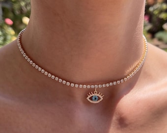 Damhalsband med klo och strass för onda ögat, guldfärgat kort nyckelbenshalsband, retro enkelt onda ögat-hänge, festsmycken, present