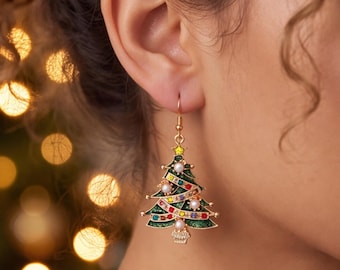 Christmas Tree Earrings for Women, Colorful Rhinestone Dangle Earrings, Faux Pearl Holiday Jewelry, Festive Xmas Party Gift for Her