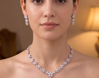 Bridal Jewelry Set, Zircon Necklace and Earrings, Floral Wedding Jewelry, Sparkling Bridal Accessories, Elegant Jewelry Gift for Her