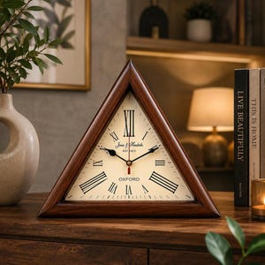 May include: A triangular-shaped analogue clock with a dark brown wooden frame and an off-white face. The clock features black Roman numerals, black hour and minute hands, a red second hand, and the text Jones & Hendricks EST 1923 and OXFORD.