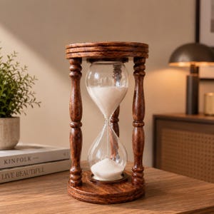 May include: An hourglass with a dark brown, wood-grain finish frame featuring four turned pillars connecting circular top and bottom bases. The clear glass bulb contains fine white sand, with a portion of the sand currently resting in the bottom.
