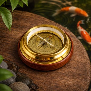 Puede incluir: Una brújula circular de latón con acabado dorado pulido y una esfera interior blanca con marcas de grados en negro. La brújula está montada sobre una base circular de madera de color marrón oscuro con una textura veteada lisa y pulida.
