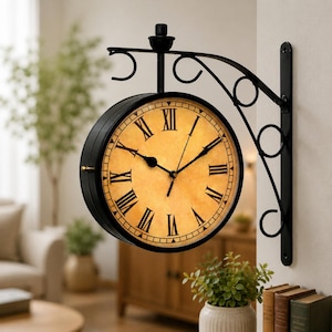 Double Sided Railway Station Clock, Vintage London Wall Clock, Black Metal Hanging Clock, Analog Dial, Victorian Style Decor