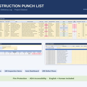 May include: A digital construction punch list template for Excel and Google Sheets. The layout includes a main defect log table, a project dashboard, and an inspection checklist. Text includes Construction Punch List, Snag List, and Deficiency Log.