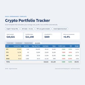 May include: A digital Excel spreadsheet template titled Crypto Portfolio Tracker. The interface displays financial data including Total Invested, Portfolio Value, Unrealized P/L, and Return on Investment, with a table showing coin holdings, prices, and performance metrics.