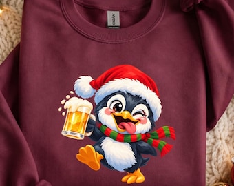 Funny Penguin Beer Christmas Sweatshirt, Cute Penguin Drinking Beer Sweater, Ugly Xmas Jumper for Beer Lovers, Holiday Party Shirt