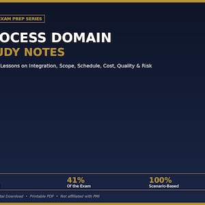 May include: A dark blue educational document titled PMP Exam Prep Series Process Domain Study Notes. It lists 10 core lessons on integration, scope, schedule, cost, quality, and risk, noting 10 lessons, 41% of the exam, and 100% scenario-based content.