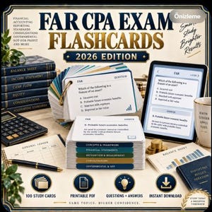 Puede incluir: Un set de tarjetas de estudio para el examen CPA FAR edición 2026 que incluye fichas, una tableta digital con preguntas, una calculadora, un bolígrafo, un cuaderno de libro mayor y un gráfico de balance. Las tarjetas cubren contabilidad financiera y normas.