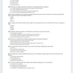 Könnte beinhalten: Ein weißes Dokumentenblatt mit schwarzem gedrucktem Text, das Buchhaltungsfragen von Q9 bis Q17 enthält. Der Text umfasst Multiple-Choice-Fragen zu Vertragsverbindlichkeiten, Umsatzrealisierung, Garantien und variablen Gegenleistungen.