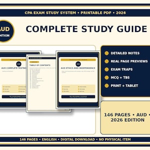 May include: A 2026 CPA Exam Study System for AUD, presented as a printable PDF digital download. The guide includes 146 pages of detailed notes, real page previews, exam traps, MCQ and TBS content, formatted for both print and tablet use.