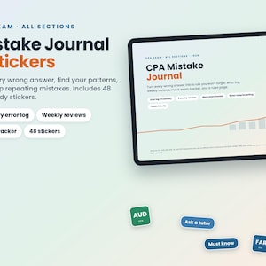 Puede incluir: Un diario digital CPA Exam Mistake Journal y 48 pegatinas. La interfaz del diario muestra texto que incluye CPA Exam All Sections 2025, CPA Mistake Journal, error log, weekly reviews, mock exam tracker y rules page. Las pegatinas incluyen AUD, FAR, Ask a tutor y Must know.