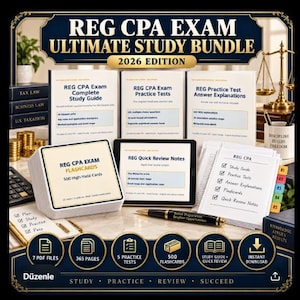 Puede incluir: Un paquete de estudio REG CPA Exam Ultimate Study Bundle edición 2026 con guía, pruebas de práctica, explicaciones, 500 tarjetas de memoria y notas de repaso. Incluye un bolígrafo negro, una calculadora y una lista con cinco pestañas.