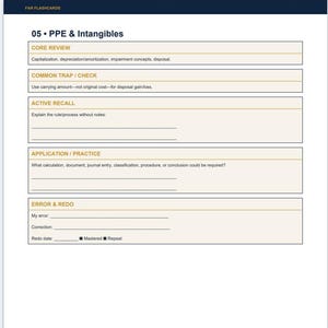 May include: A white study flashcard titled 05 PPE & Intangibles with a dark blue header. It features sections for Core Review, Common Trap/Check, Active Recall, Application/Practice, and Error & Redo, each with blank lines for handwritten notes.